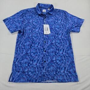 NWT CON.STRUCT Monster Leaf Blue Button Up Slim Short Sleeve Shirt Size Medium